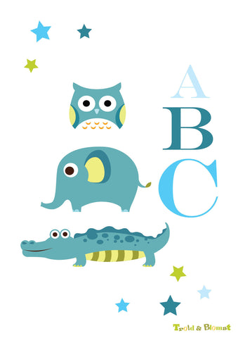 Wallsticker i farven blå med 3 dyr og ABC