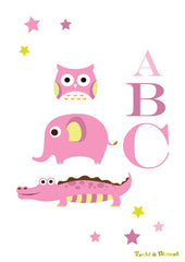 Wallsticker i farven lyserød med 3 dyr og ABC